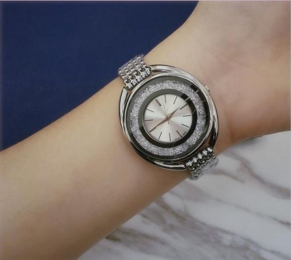 

moving cryst sands women watch full diamond lady steel chain wristwatch luxury quartz clock leisure fashion designer watch, Slivery;brown