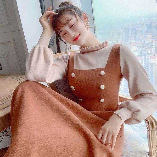 

warm women's clothing knitted 2021 autumn and new winter gown on the knee long skirt sxdp, Black;pink