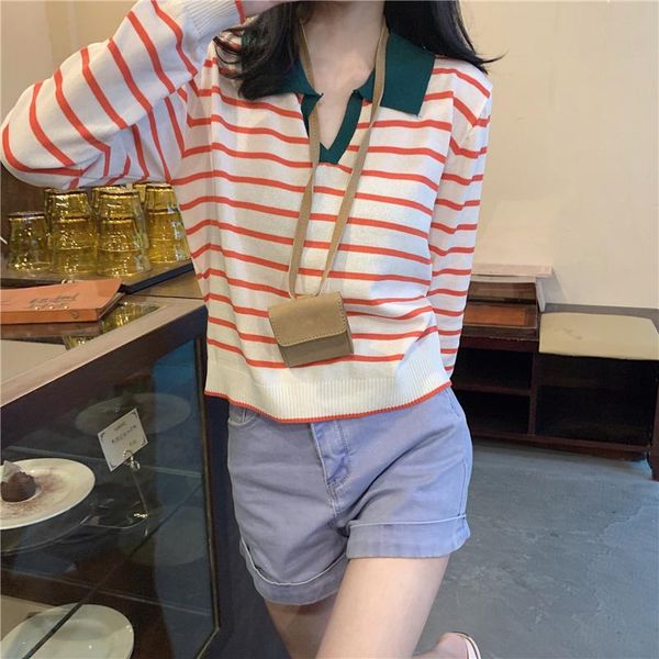 

women's sweaters real s 2021 korean retro striped neck loose versatile long sleeve sweater top, White;black