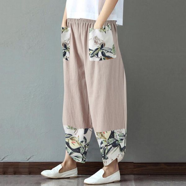 

women's pants & capris cotton linen loose harem women casual patchwork elastic waist wide leg summer sweatpants trousers pantalones a40, Black;white