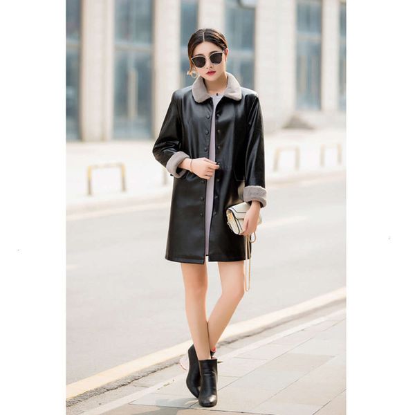 

designer pu medium plush 2019 warm windbreaker new length winter thickened leather women's wear e, Black
