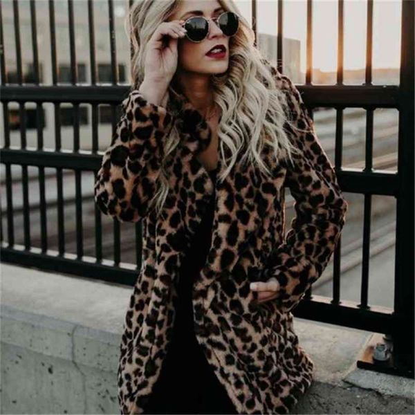 Cappotto di pelliccia Donna Inverno Plus Size Leopard Faux Giacca per capelli soffici Cardigan Warm Long Cape 210925