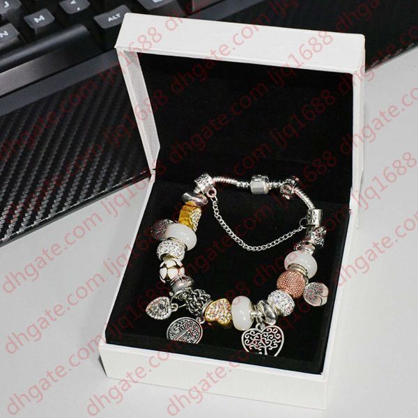 

925 silver plated tree of life pendant charms bracelet set original box for pandora snake chain diy beads charm bracelets for women girls, Golden;silver