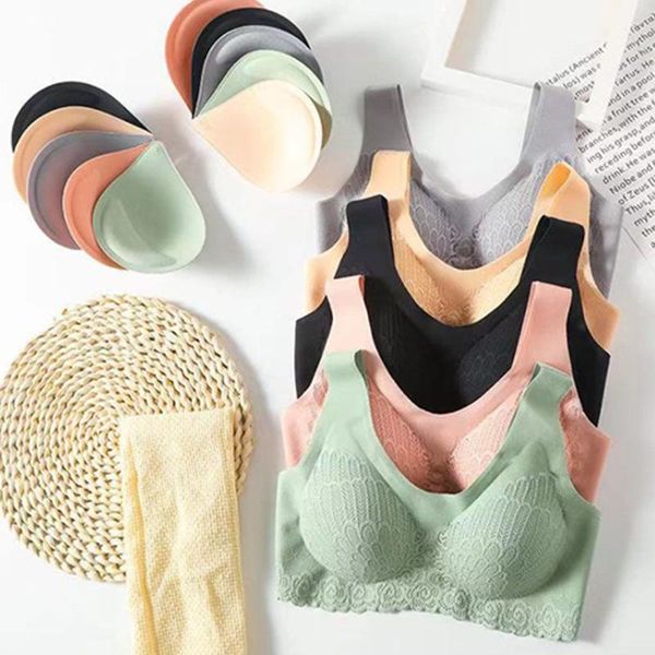 

bras women lace pads latex chest gathered seamless bra no steel ring, Red;black