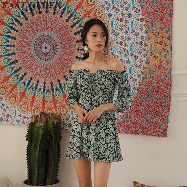 

casual dresses summer women dress short sleeve off the shoulder floral print vintage backless bare sumer kk1220, Black;gray