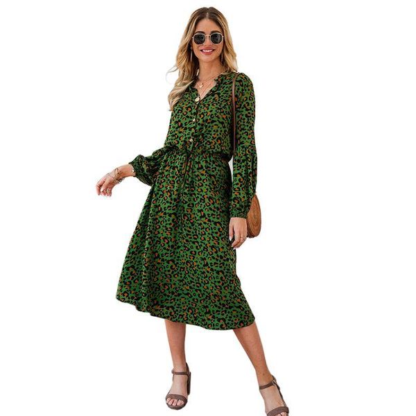 

casual dresses 2021 women leopard dress long sleeve loose v-neck button party beach, Black;gray