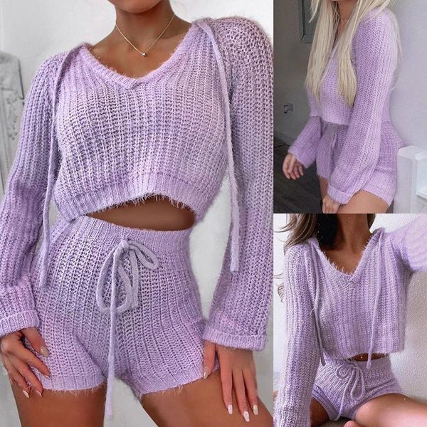 

women crop two piece shorts casual long sleeve v neck knitted bodycon solid set purple suit, Gray