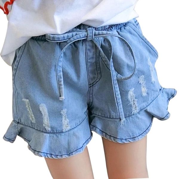

shorts rlyaeiz kids baby girl overalls 2021 summer girls denim casual frayed clothes bow tie short jeans for 2-7 age, Black