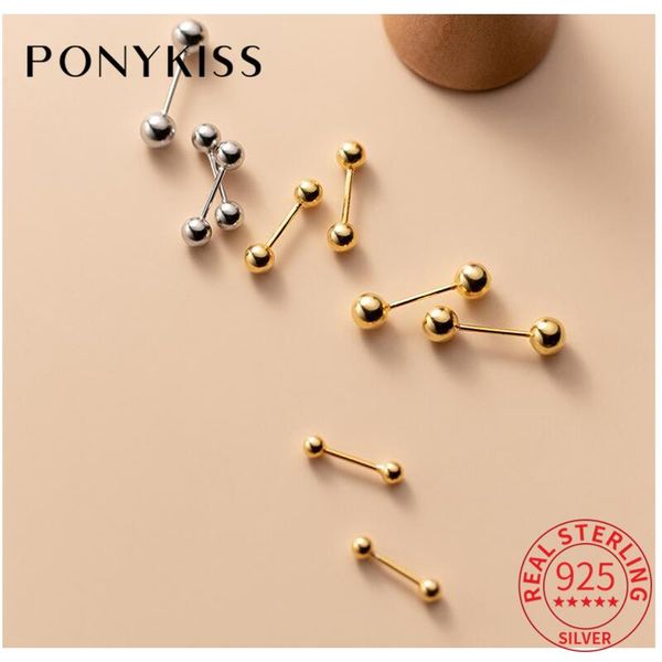 

stud ponykiss 1 pcs real 925 sterling silver screw ball 14k gold earrings women hiphop fine jewelry gift drop, Golden;silver