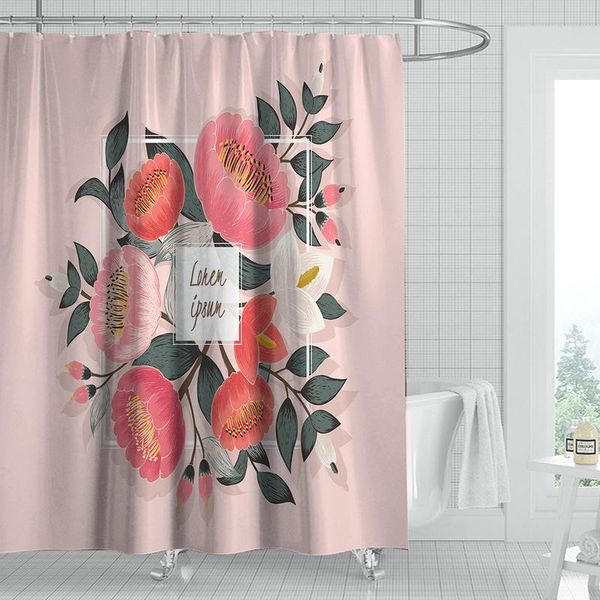 

red lotus flower shower curtain set with 12 hooks bathroom decoration