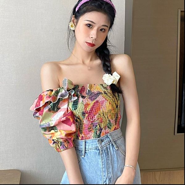 

korean floral printed ruffled blouses irregular sweet slim chiffon shirts summer women clothing drop shipping, White