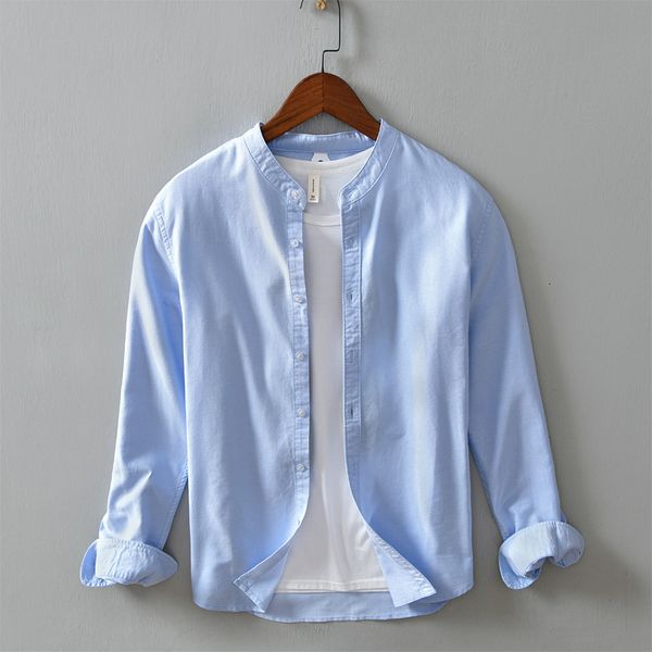

2021 new stand collar 6 colors comfortable brand cotton blue shirts for men fashion solid shirt mens camisa chemise overhemd vbb0, White;black