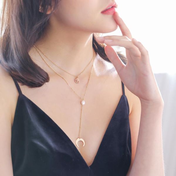 

pendant necklaces korean version of simple multi-layer necklace, natural pearl golden crescent bay pendant, elizabeth accessories, Silver