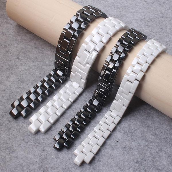 

watch bands convex watchband ceramic black white mens ladys for j 12 bracelet 16mm 19mm strap special solid links folding buckle, Black;brown