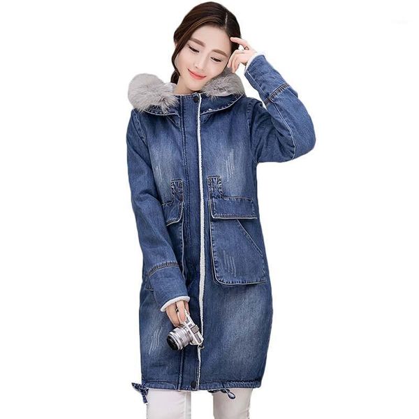 

women's jackets winter women denim jacket korean loose hooded long outerwear thicken warm lamb vintage coat plus size clothing, Black;brown