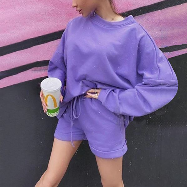 

2021 fashion batwing sleeve solid puler hoodies 2 piece sets womens outfits cotton new autumn winter home shorts suits jbfi, Gray