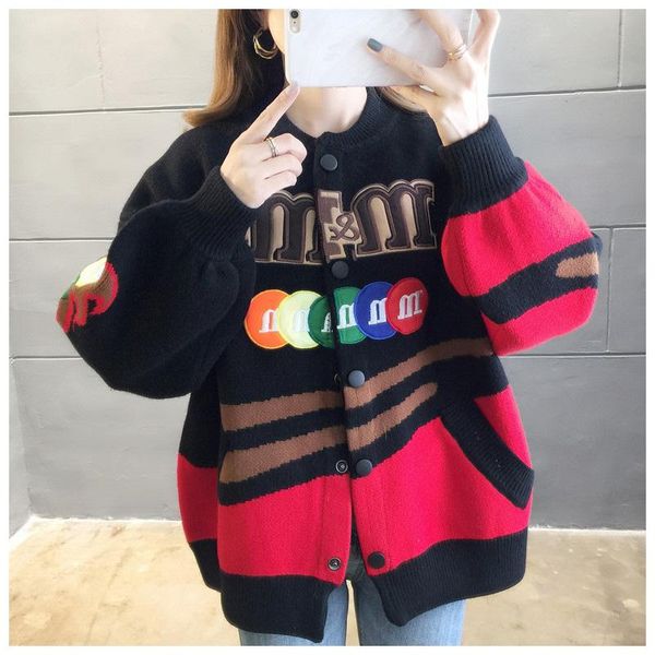 

women's knits & tees women autumn korean sweater embroidery  letter harajuku cardigan cartoon jacquard knit sweaters female oversized, White