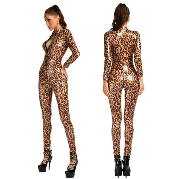 

aiiou leopard bodysuit wet look faux leather catsuit erotic women zipper open crotch jumpsuit mistress costumes 210317, Black;white