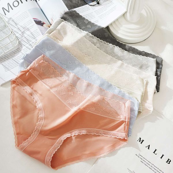 

ice silk seamless underwear women's feeling lace edge middle waist comfortable and breathable ultra thin triangle large, Black;pink