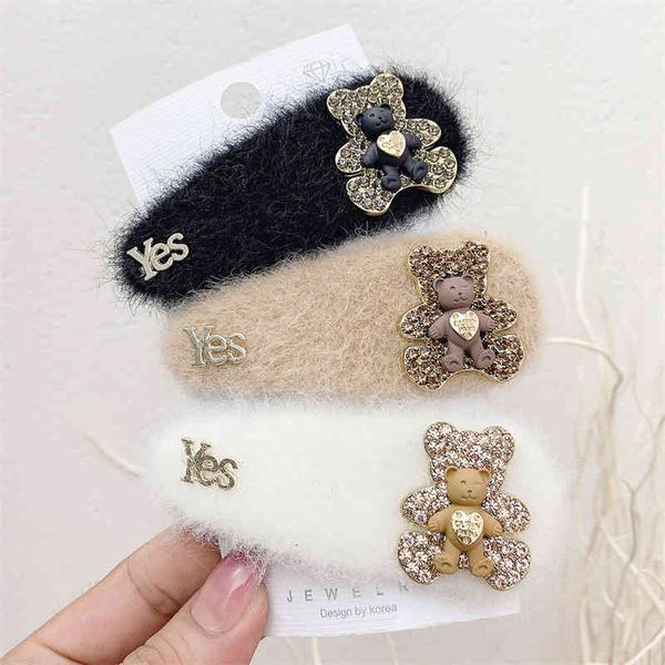 

hair jewelry accessories 2021 autumn wool ball rhinestone cute bear pin alloy crystal bangle clip back of head edge headdress, Golden;white