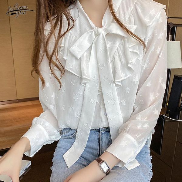 

women's blouses & shirts autumn loose blouse bow tie ruffled chiffon shirt blusas mujer 2021 white long-sleeved solid ladies 15784