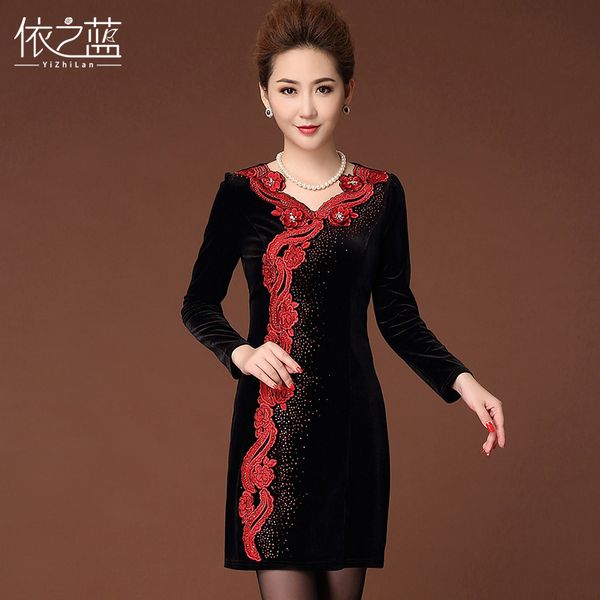 

luxury cheongsam autumn winter  long sleeve veet embroidered cheongsam wedding dr's middle-aged and elderly women's drs, Blue;red