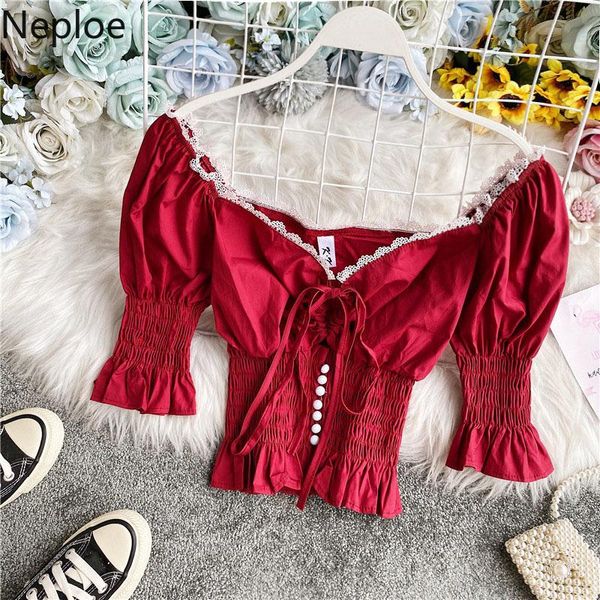 

women's blouses & shirts neploe vintage elegant women lace patchwork v neck puff short sleeve stretch slim waist ruffle blusas 4b138, White
