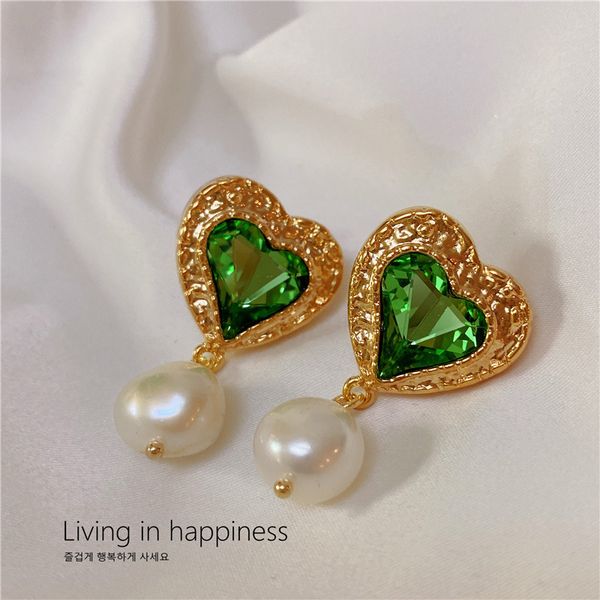 

aaa designer jewelry song yanfei same french emerald love freshwater pearl pendant earrings female silver needle, Golden
