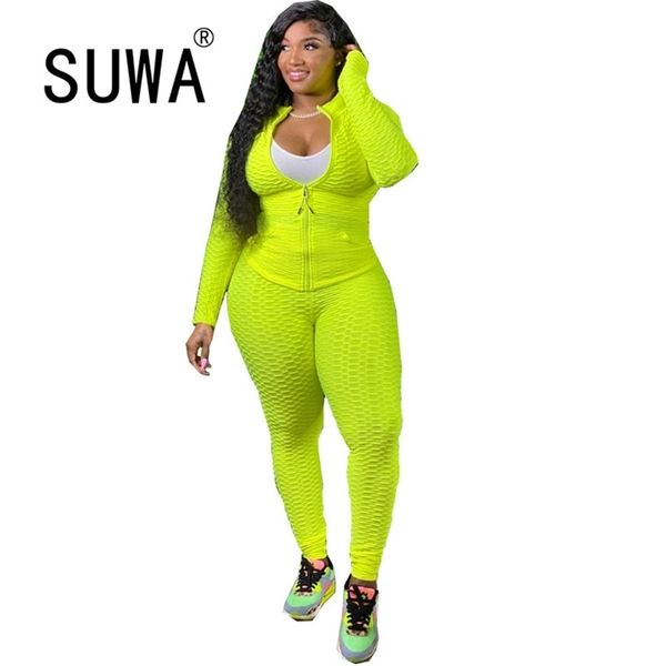 

wholesale women clothing solid color knitted 2 piece matching sets zipper long sleeve coats skinny pants sweat suit 210525, White