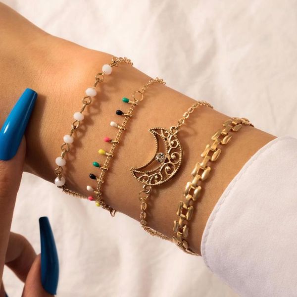 

charm bracelets zhen tomomi 4pcs/set bohemia colorful seed beaded tassel bracelet set for women crystal moon alloy ladies party jewelry, Golden;silver