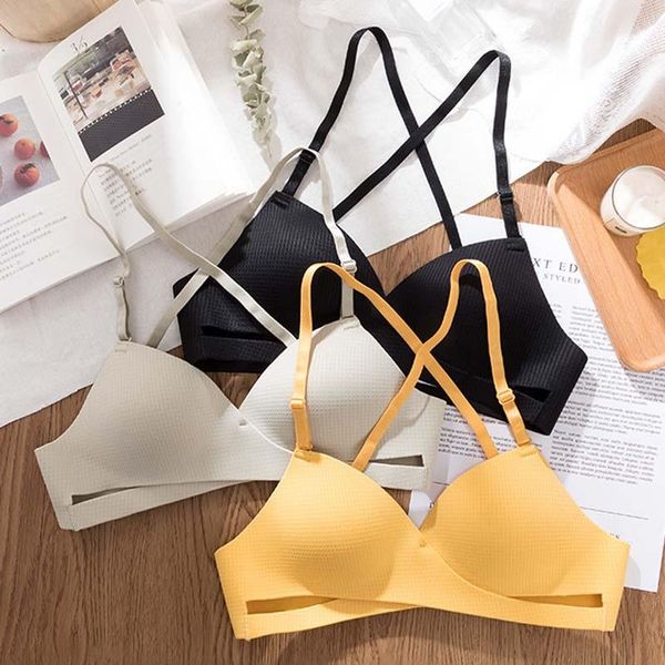 

bras roseheart women fashion yellow seamless cross back bralette cut out wireless one-piece padded cotton cup a b maiden, Red;black