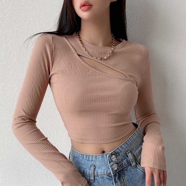 

womengaga hollow bottomed long sleeve t-shirt for women slim short solid color tights knitting accp 210603, White