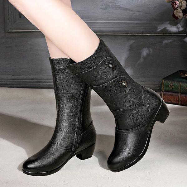 

boots plus size 35-52 nice women mid calf rain autumn retro style black shoes woman high heels office ladies career boot