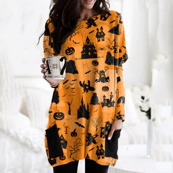 

2021 autumn and winter new long-sleeved dress Halloween Christmas popular cartoon print, Black;gray