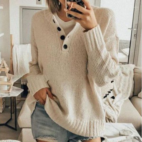

women's sweaters fashion pullover v-neck long sleeve button sweater solid color single loose autumn winter, White;black