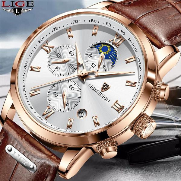 

wristwatches lige 2021 business men watch luxury 24-hours moon phase wrist watches for sport waterproof date quartz clock male reloj, Slivery;brown