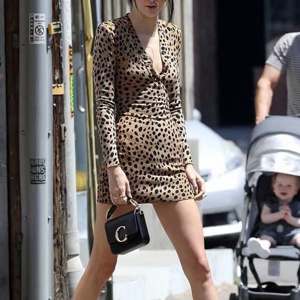 

Women Long Sleeve Leopard Sexy Bodycon Dress Vintage Animal Print Female Mini Dress Casual Retro Lady Dress Vestidos, Black;gray