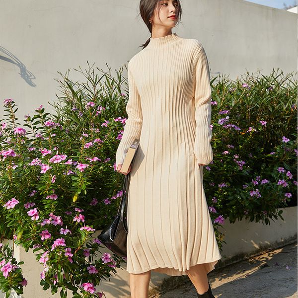 

new 2021 autumn winter women dressed in street knit korean style fashion oversize elegant thin lady midi dresses glp9, Black;gray