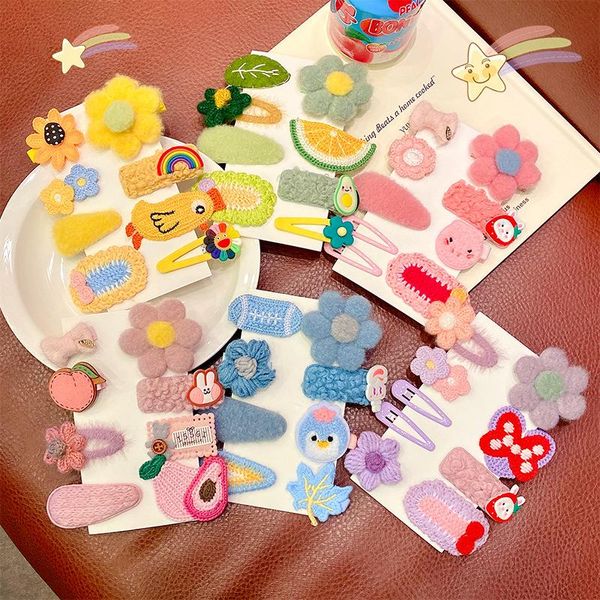 

hair accessories 8 pcs/set cute girls plush barrettes hairpins autumn and winter cartoon animals flowers clips children, Slivery;white