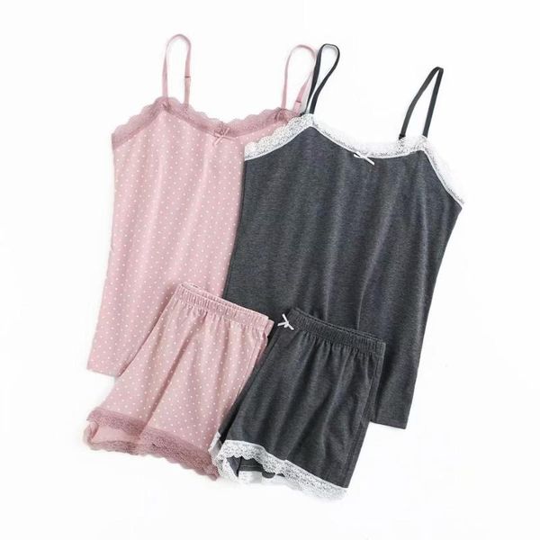 

women summer backless dot print lace patchwork camis set female casual homewear pajamas sets, Gray