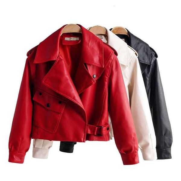 

2021new pu jacket women's lapel pocket short wash leather 1582-1998, Black