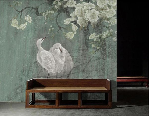 

wallpapers customized 3d wallpaper mural egret chinese painting background wall meticulous hand-painted flowers and birds