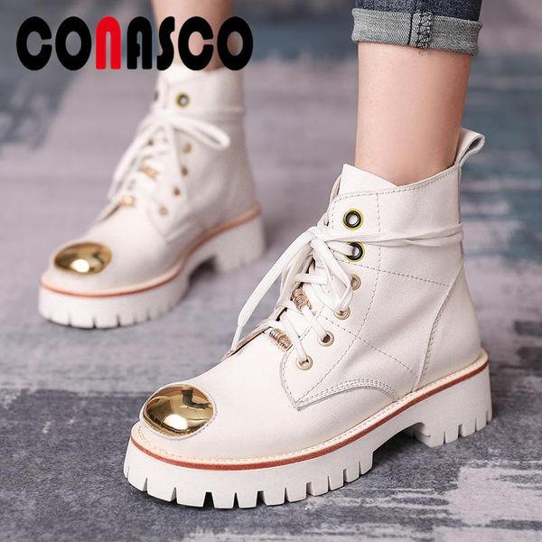 

boots conasco autumn winter women ankle fashion casual comfortable platforms metal decoration lace-up woman, Black