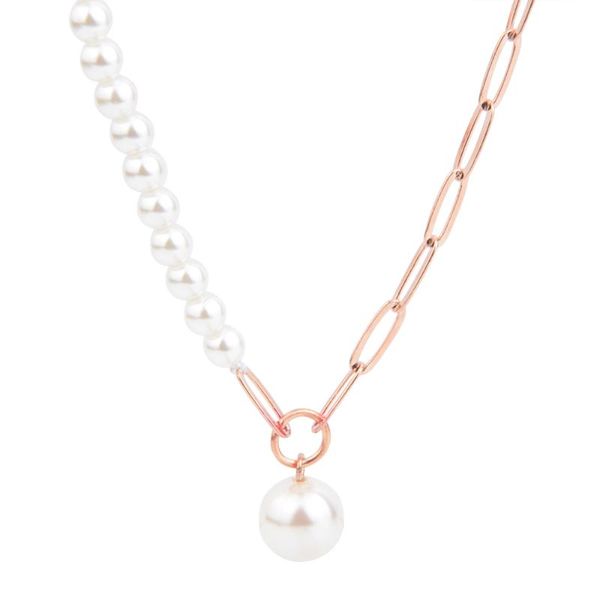 

chains rose gold color shell bead necklace half-pearl and half-chain metal lobster buckle adjustable gifts for women, Silver