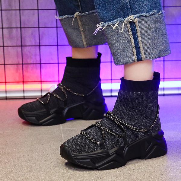 

boots size 35-51 nice ankle women autumn ins elastic fabric shoes woman platform heels mature campus boot, Black