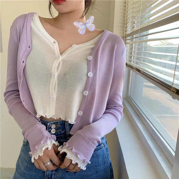 

fake two piece patchwork summer tshirts ruffles v-neck korean shirts vintage cropped single breasted knitted w533, White