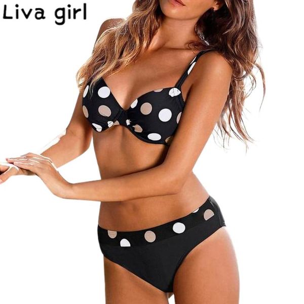 

women's swimwear liva girl dot print bikini push up padded swimsuit bandeau v neck monokini bathing suit brazilian biquini beachwear 20, White;black