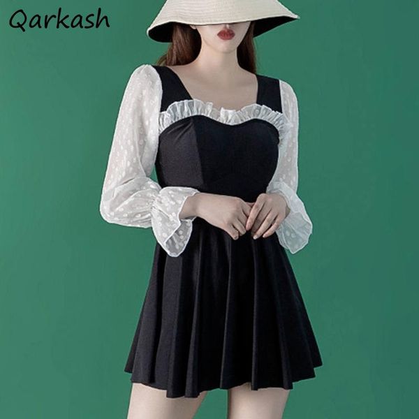 

women's swimwear cover-up women mesh patchwork black flare sleeve pareos playa summer retro french style princess chic holiday lady, White;black