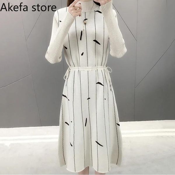 

casual dresses elegant stripe print knit dress women winter warm half turtleneck long sleeve sweater korean adjust waist lace-up vestidos, Black;gray