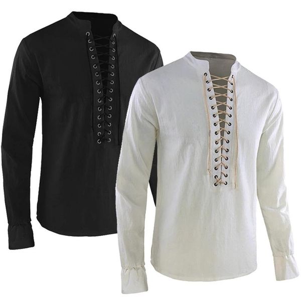 

men's casual shirts medieval men fashion lace shirt costume knight noble t-shirt drawstring carnival pirate cosplay tee blouse -40, White;black